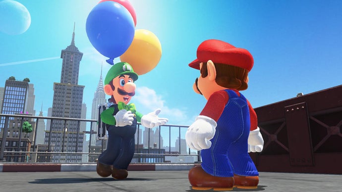 Mario talks to Luigi who's holding balloons in Super Mario Odyssey. A city skyline is in the distance behind them.