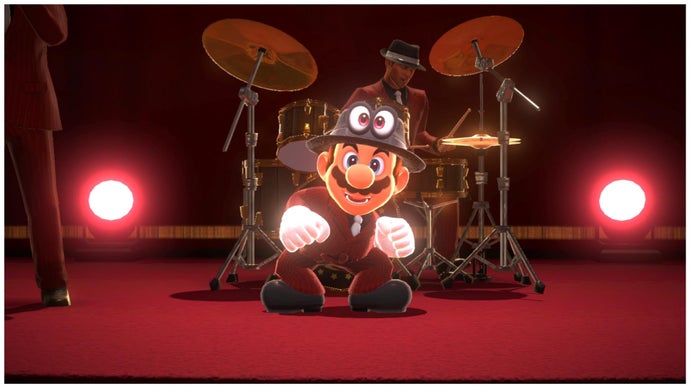 Mario wears a suit and fedora in front of a drum kit in Super Mario Odyssey