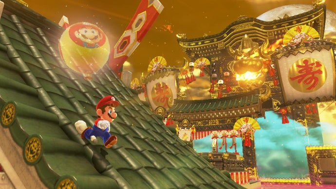 Mario trails a balloon as he slides down a temple roof in Super Mario Odyssey.