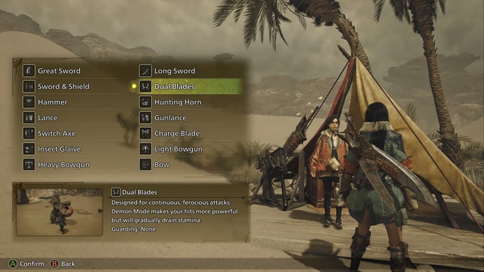 The weapon selection screen in Monster Hunter Wilds.