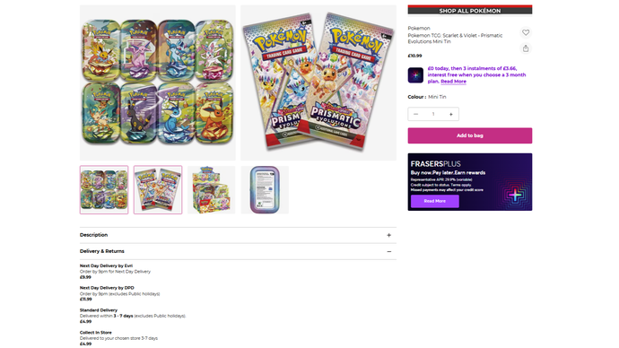 GAME's Pokemon TCG: Scarlet &amp; Violet Prismatic Evolutions Mini Tin product page today, with the chain's regular delivery options now available.