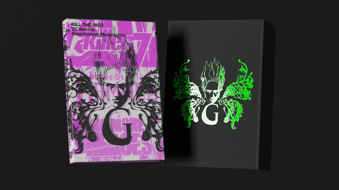 Purple softcover and black hardcover art for 25 Years of Grasshopper Manufacture published by Lost in Cult