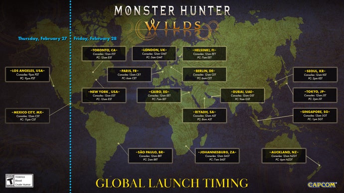 Monster Hunter Wilds global release times chart.