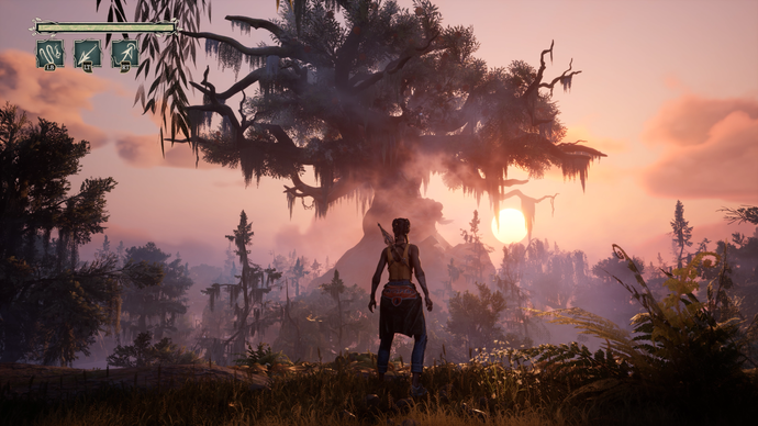 Screenshot from South of Midnight showing protagonist Hazel looking over the lush landscape. A large tree - mythical creature Benjy - is in the distance