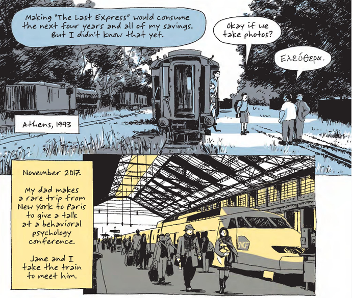 Graphic novel panels inked in blue, grey, yellow, and white hues.