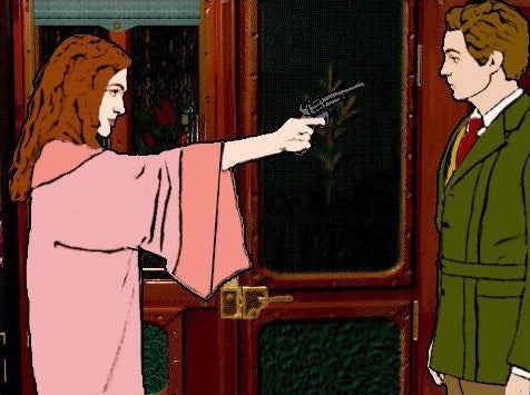 An animated woman in a pink nightgown pointing a revolver at a man in a green coat.