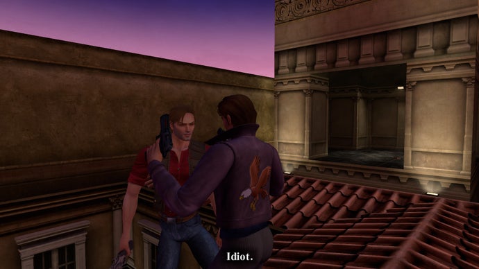 Two men brawl on a rooftop in Tomb Raider 4-6 Remastered.