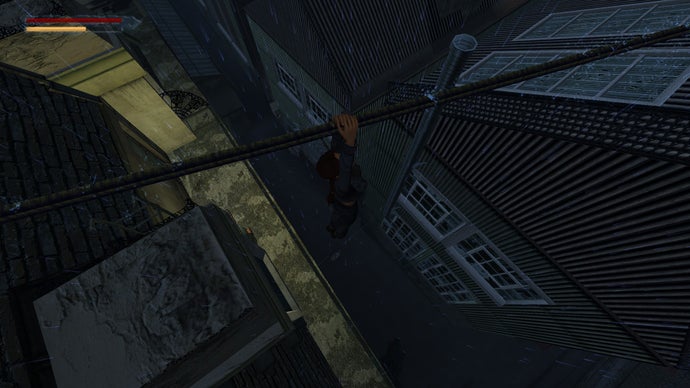 Lara Croft hangs from a tightrope in Tomb Raider 4-6 Remastered.