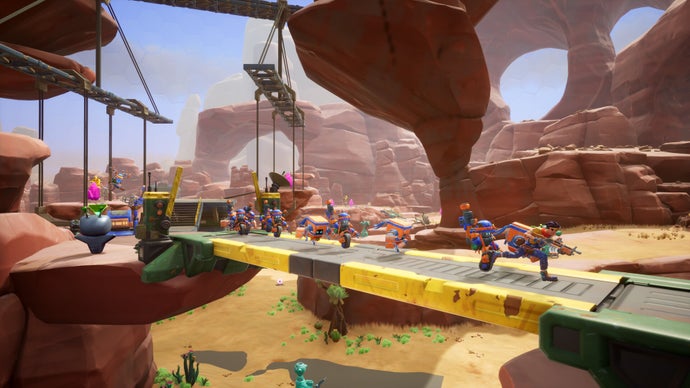 Chip n Clawz vs the Brainioids screenshot showing action on a sandy map's bridge