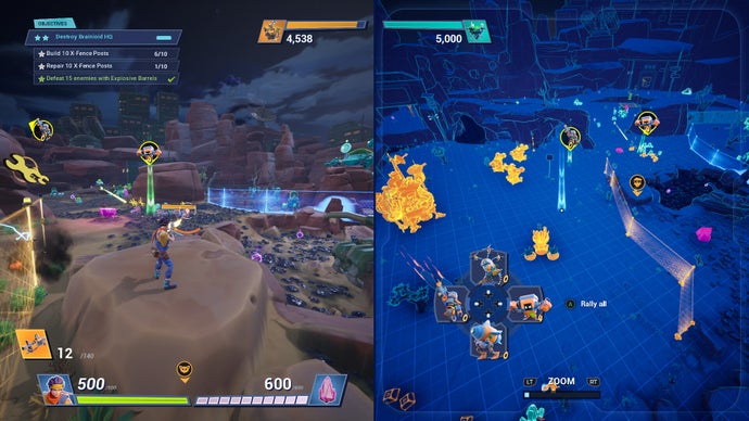 Chip n Clawz vs the Brainioids screenshot showing splitscreen, with 3rd person on the left and tactical overlay on the right