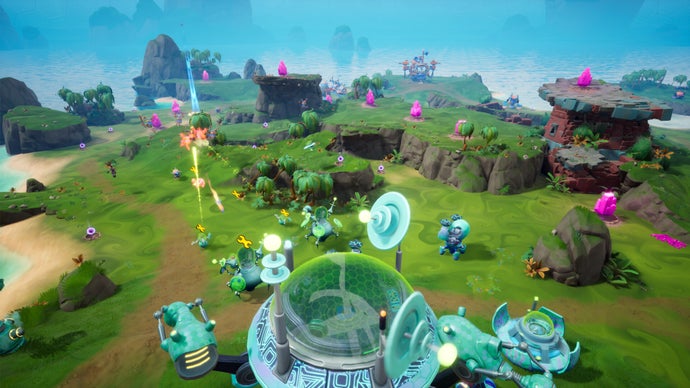 Chip n Clawz vs the Brainioids screenshot showing a battle on a green grassy map