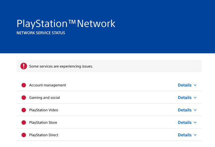 PlayStation Network website with red circles indicating all services are impacted by the outage