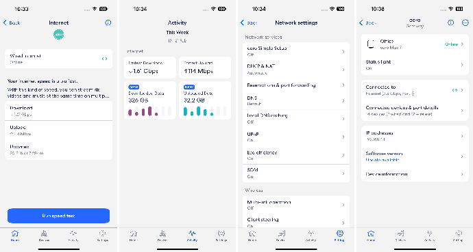 eero ios app screenshots, showing settings, router page, stats and more.