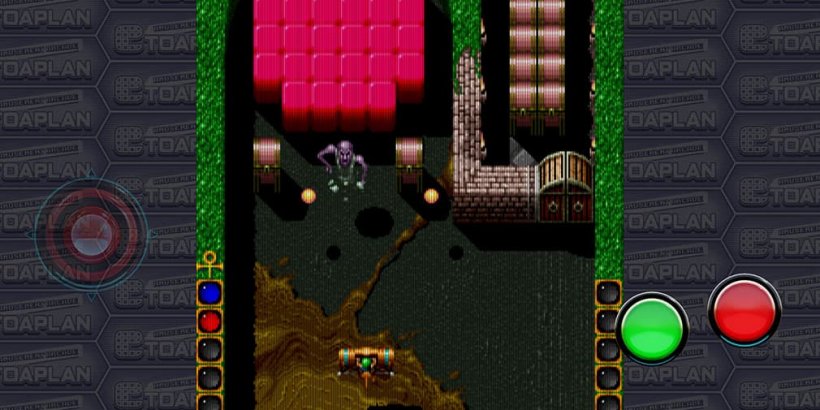 Screenshot of Ghox in which a purple ghost is blocking pink bricks . Yelow balls are flying at him