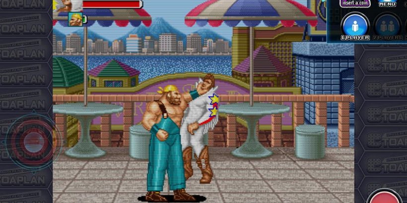 Screenshot from Knuckle Bash of a muscular man in overalls holding a man in a white jumpsuit by the