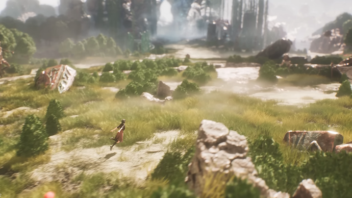 Clair Obscur trailer screenshot showing tiny female character exploring a huge verdant overworld map