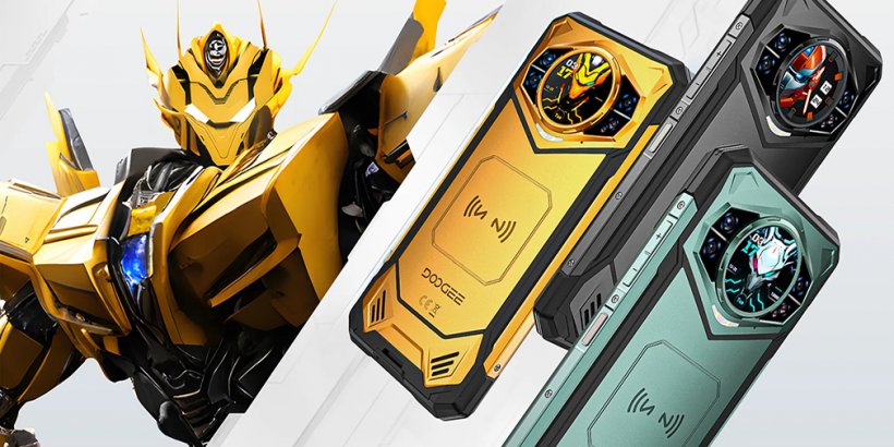 A yellow robot next to three DOOGEE S200X devices, one gold, one black and one green