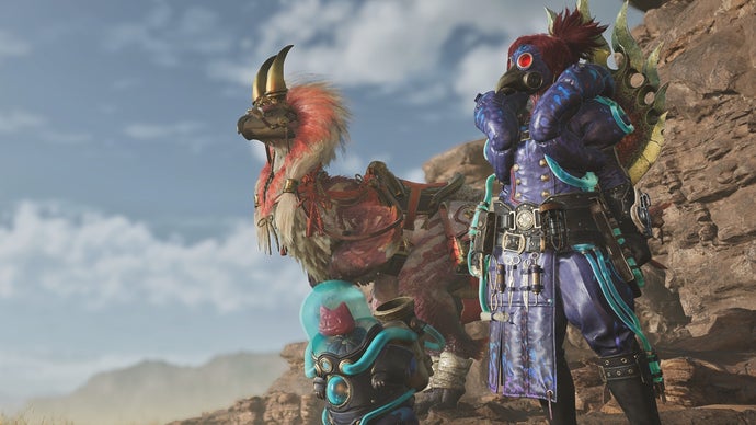 A hunter, palico  and seikret stand proudly looking toward the horizon in Monster Hunter Wilds.