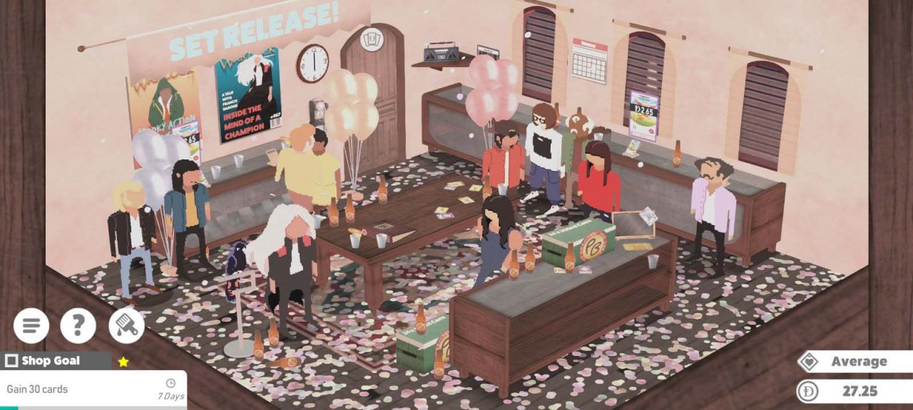 a group of people having a party in a card shop