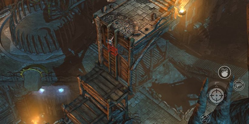 Lara Croft climbing a ladder within ancient temple