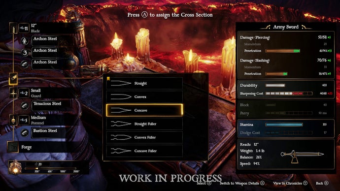 A menu of menus - a screenshot from Blades of Fire taken from the forge area, where you select the kinds of weapons you want to make and then customise almost every aspect of them.