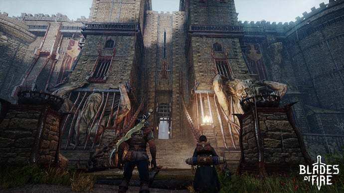 Two fantasy heroes approach the gates of a huge castle-like structure.