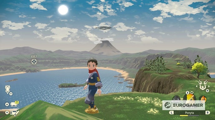 Pokémon Legends Arceus screenshot showing the player in front of a distant mountain and low-fidelity lake