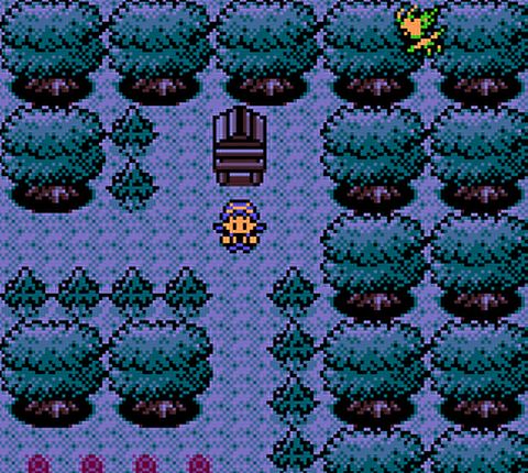 Pokémon Crystal screenshot showing Celebi swooping down in Ilex Forest