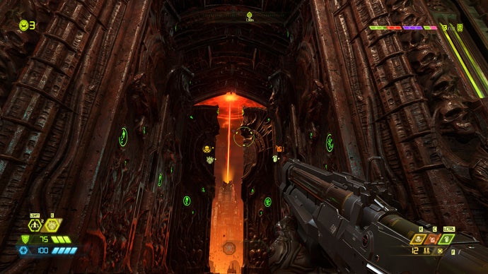 A series of three gigantic doors opens in Doom Eternal, showing a tower lit by an orange beam of light in the distance beyond.