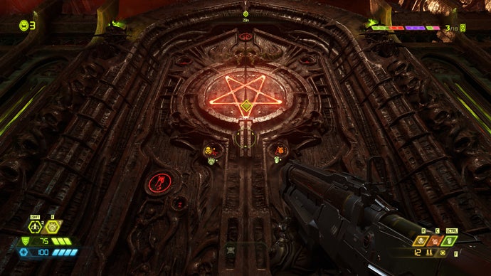 A gigantic Hell door in Doom Eternal, glowing with a demonic pentagram symbol in the middle.