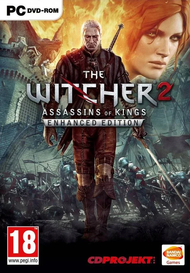 Witcher 2 box art showing a white-haired man in leather armour walking towards the camera, while a battle rages behind them. He has his sword drawn. It's Geralt of Rivia and he doesn't look pleased.