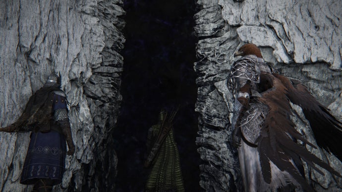 Elden Ring Nightreign screenshot showing three characters - a knight, an archer, and a bird-man - entering a stone doorway