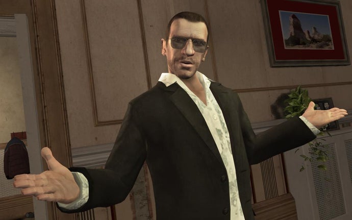 Screenshot from GTA 4 showing a man in a jacket with an open collar white shirt and wearing dark glasses with his arms outstretched