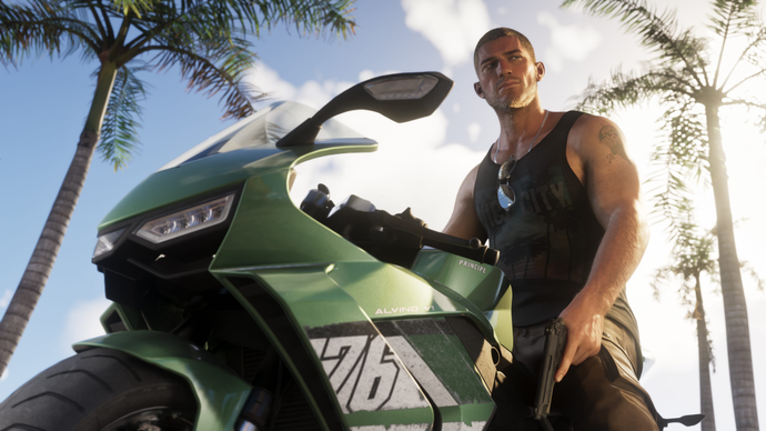Jason from GTA 6 in tank top riding a motorcycle