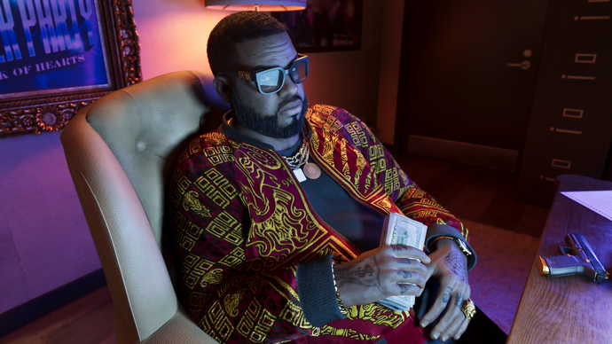 Close up of Boobie Ike from GTA 6, sat at a desk in sunglasses holding a wad of cash