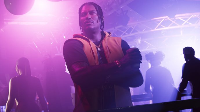 Close up of Dre'Quan from GTA 6, in a club with purple lighting