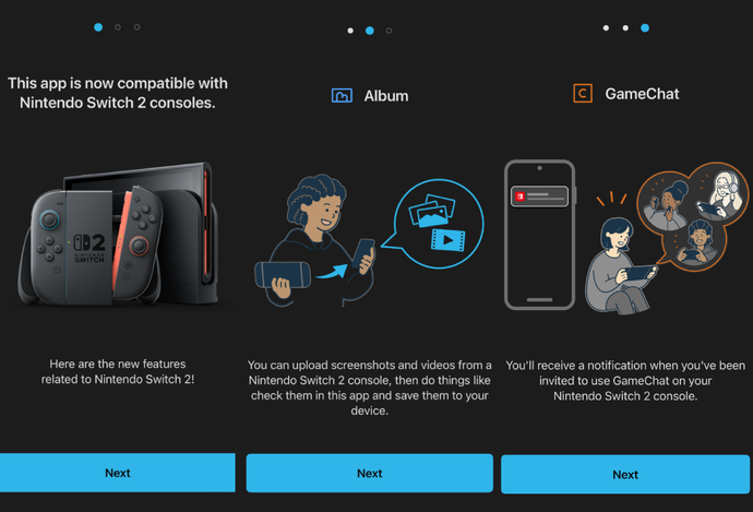 Three screenshots of new features on the Nintendo Switch App