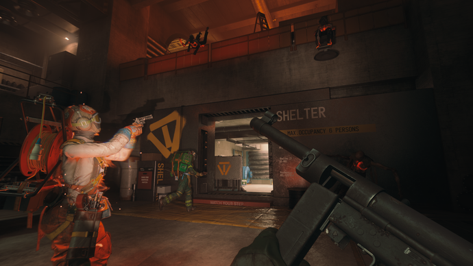 Players explore a darkened room in FBC: Firebreak.