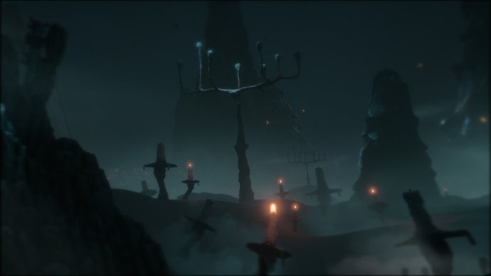 Candles and candelabra, lit and unlit, stretching into the dark distance.