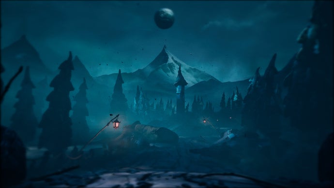 Dark and moody, a spire in the distance under a moon.