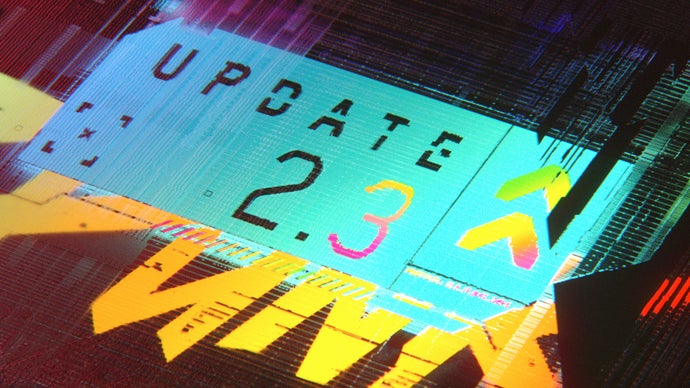 A blue text box lights up on a glitched-out screen with digital distortion across it. The text reads, “Update 2.3”.