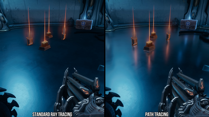 reflections in doom: the dark ages, screenshots comparing standard RT and path tracing - pickup reflections