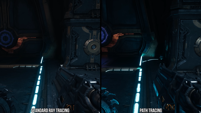 Doom: The Dark Ages screenshots comparing path tracing to standard RT, specifically emissive lighting