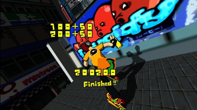 A skater earns points spraying graffiti in Jet Set Radio. The screen reads: "Finished!"