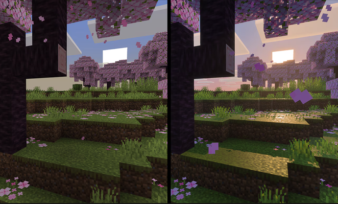 A side-by-side comparison of the same scene of the sun setting over a tree. The sun's rays can be seen touching the grass in the updated image.