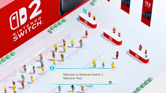 Characters queuing to enter Welcome Tour.