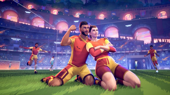 Two players celebrate on the pitch in Rematch.