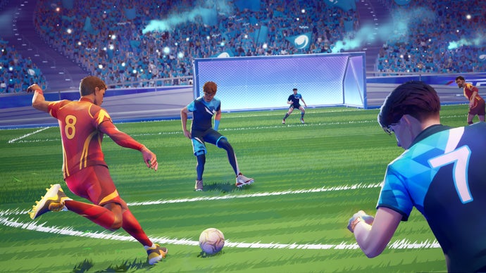 Two players converge on the ball in Rematch.