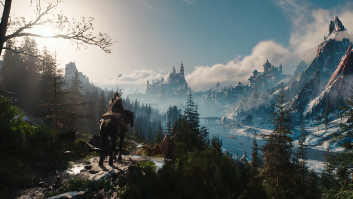 The Witcher 4 tech demo screenshot showing Ciri on horseback looking at snow-capped mountains and city in the distance