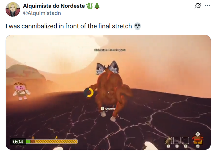 Screenshot from X showing Peak gameplay where the character on the screen looks like a cooked turkey